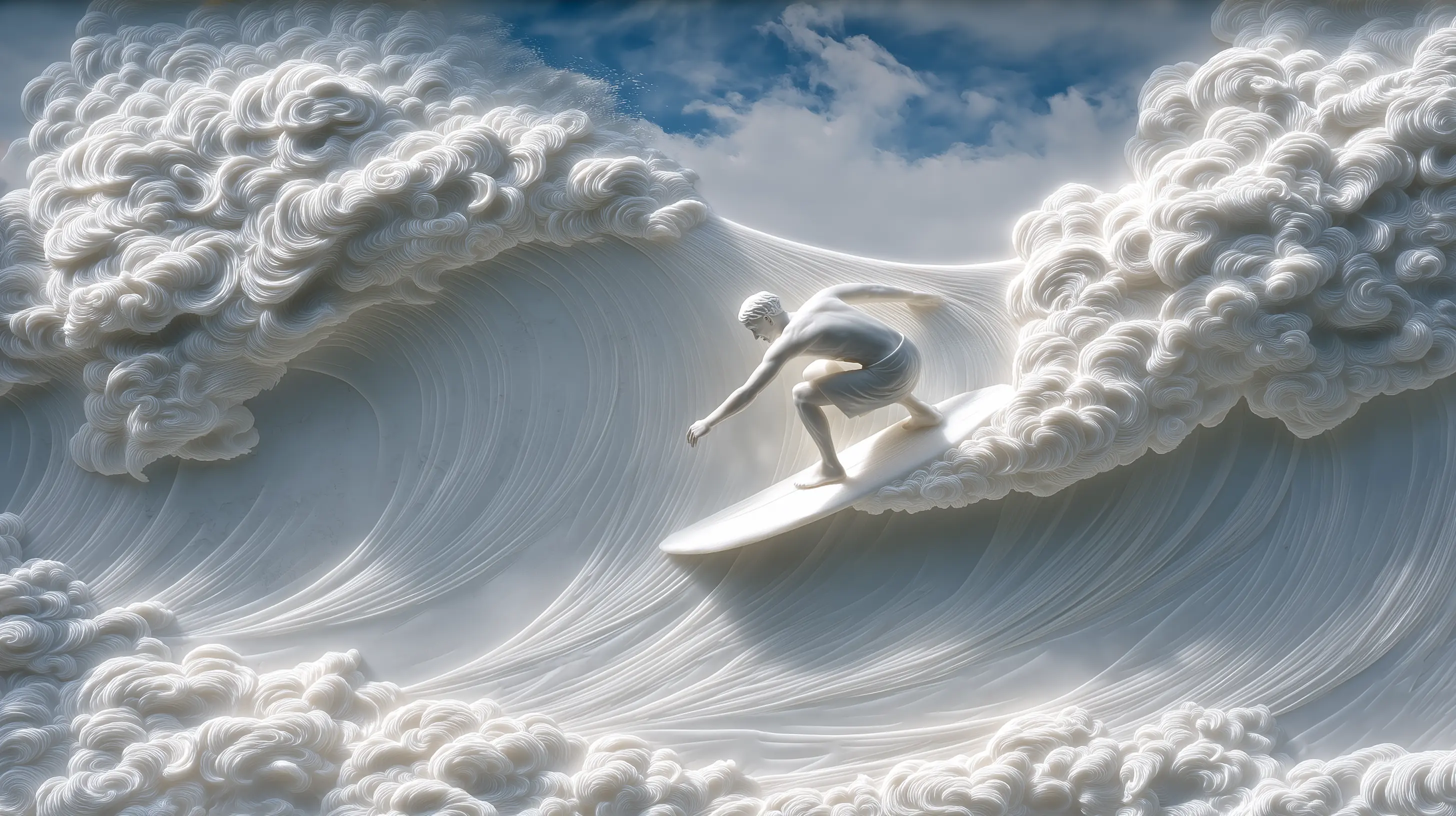Statue of David riding a cloud wave with a marble surfboard